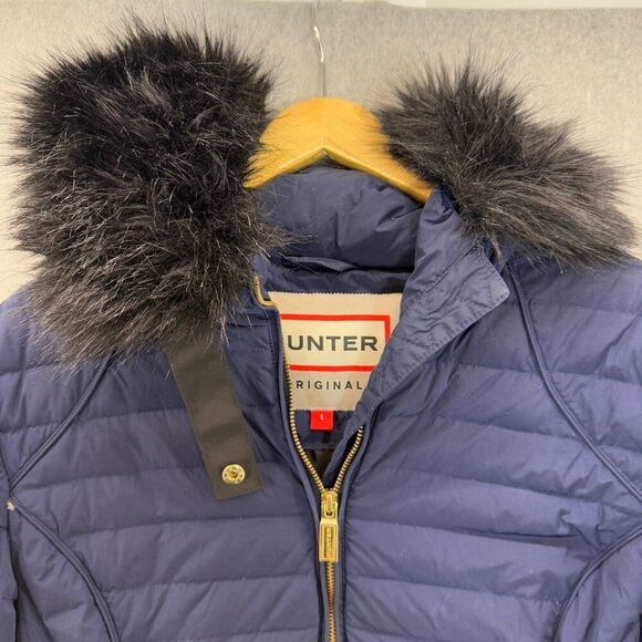 Hunter Women's Size Large Navy Blue Puffer Coat Faux Fur Collar Hood Down Fill - Picture 5 of 16